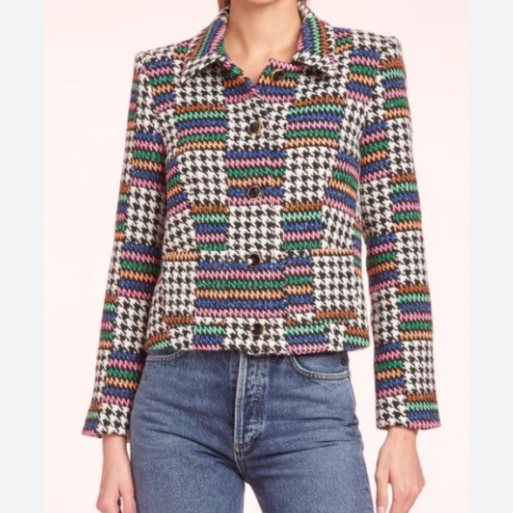 Amanda Uprichard (Sz XS) Multicolor Houndstooth Patchwork Button Front LS Jacket